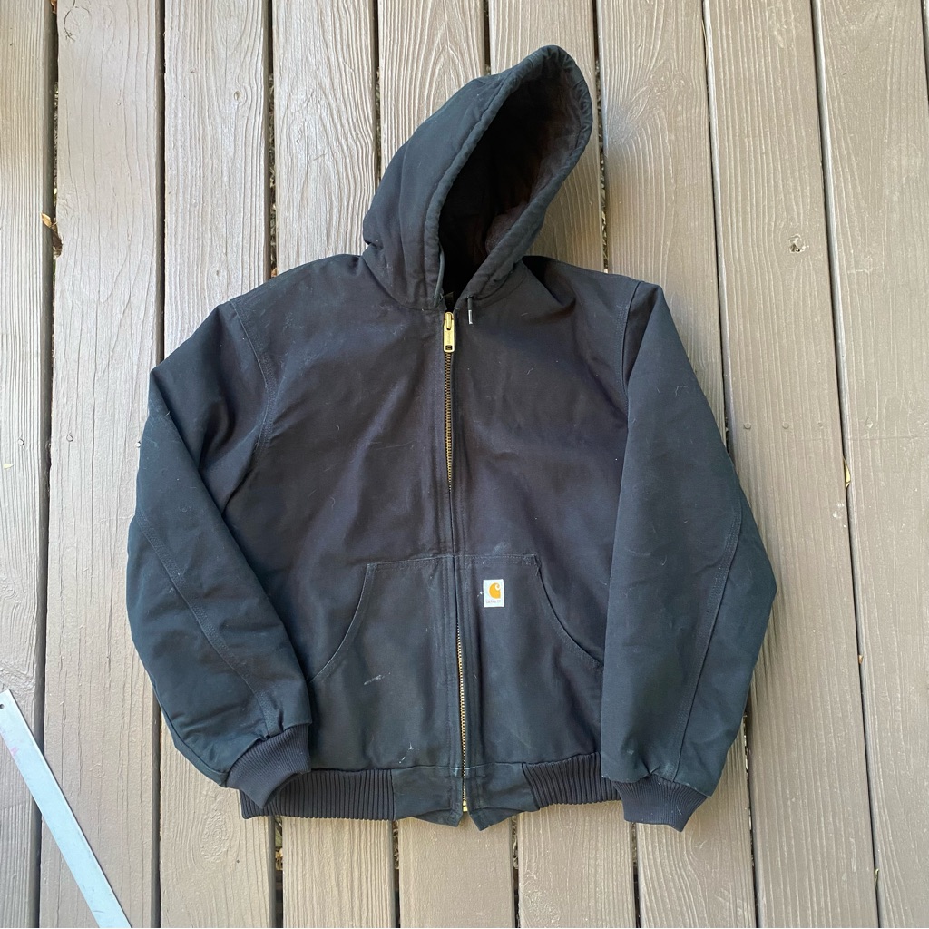 Vintage Carhartt Men's M Quilted Flannel Lined Hooded Work Jacket J140 Blk Usa